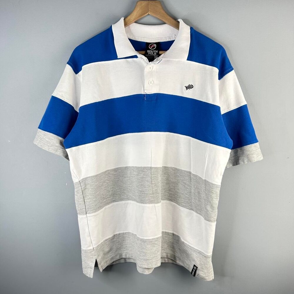 South Pole Blue White Gray Striped Colorblock Polo Shirt Men’s XL